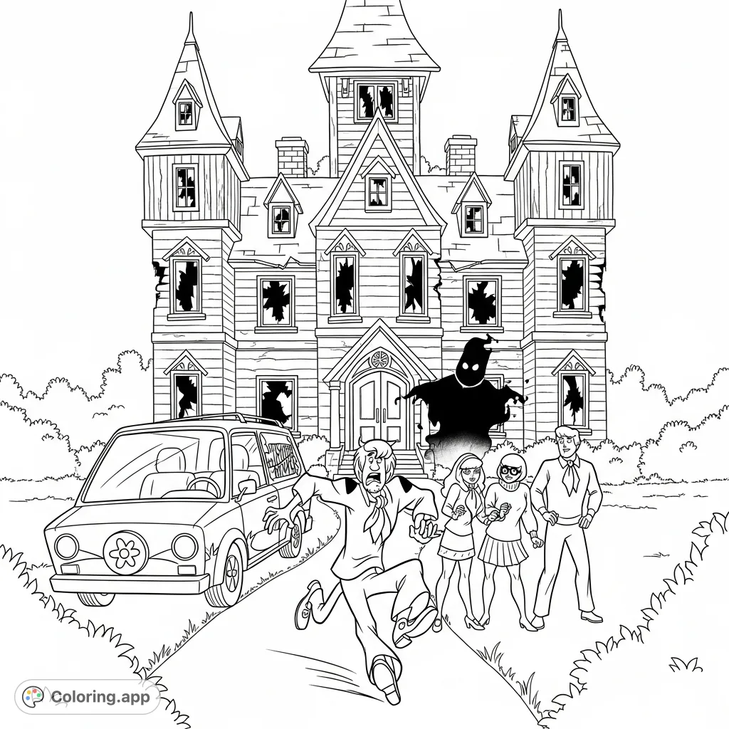 Join Scooby-Doo and the gang in a thrilling chase scene! Color the iconic Mystery Machine, a spooky mansion, and the beloved characters escaping a mysterious figure.