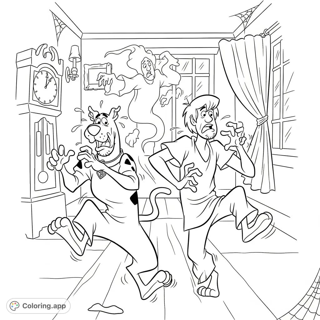 Join Scooby-Doo and Shaggy in a hilarious, high-energy chase! This free printable Scooby-Doo coloring page captures their iconic, exaggerated fear.