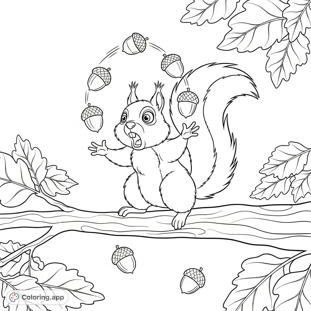 A hilarious squirrel attempts to juggle acorns, resulting in a comical cascade. Perfect for a lighthearted coloring session.