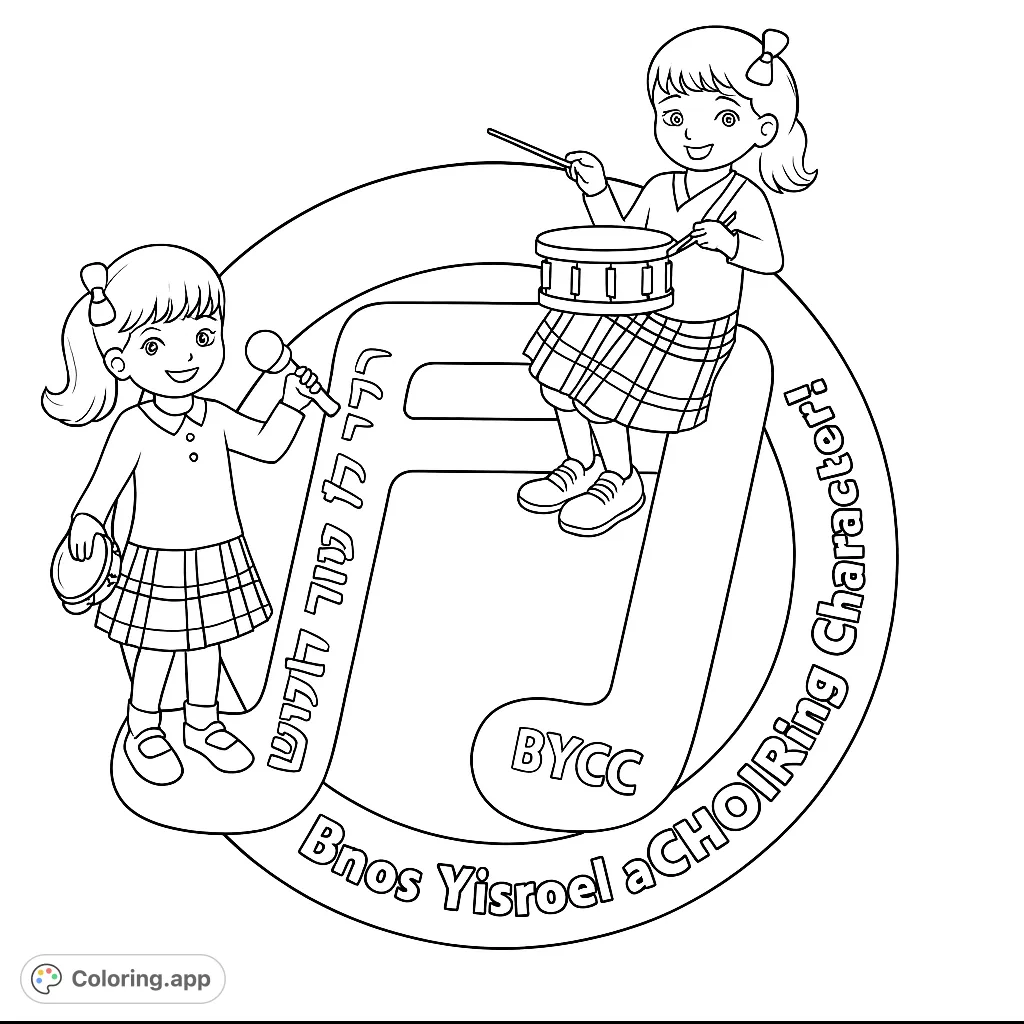 Two cheerful girls perform music, one singing with a microphone and tambourine, the other playing drums, all on a large musical note.