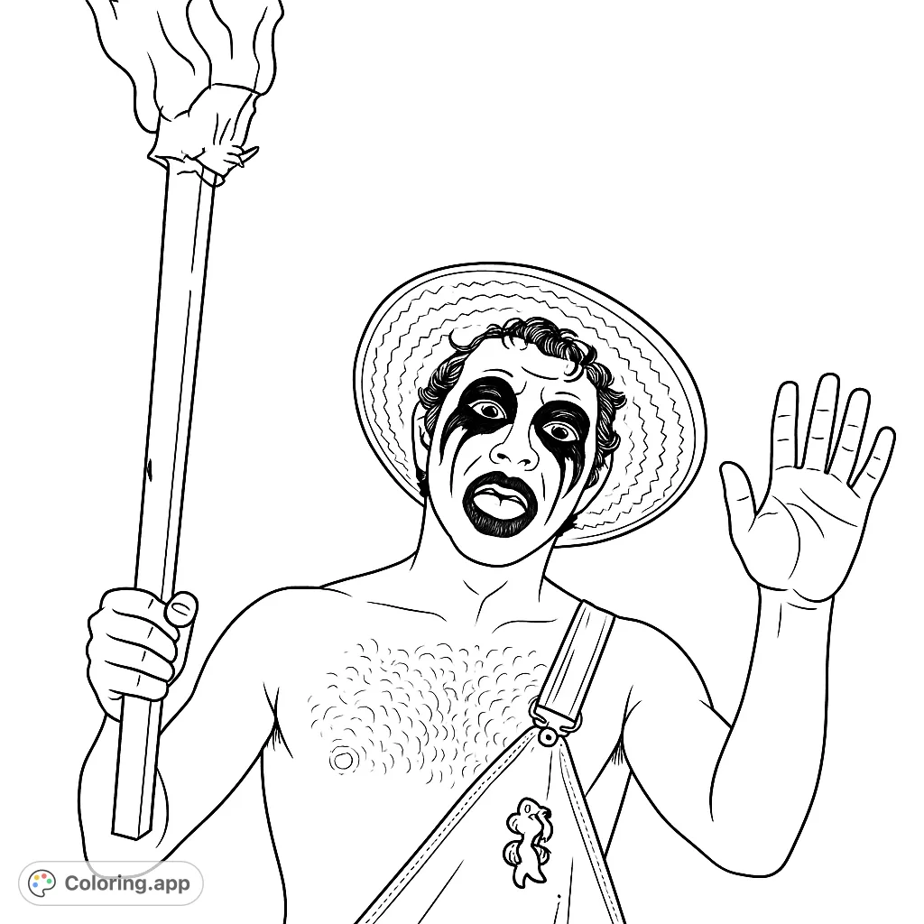 Capture the spirit of a festival with this unique torch bearer. Features dramatic face paint, a straw hat, and a dynamic flame, perfect for creative expression.