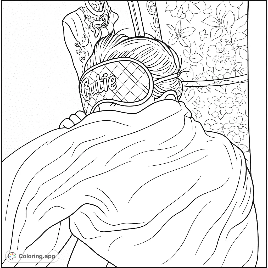 A cozy scene of a person sleeping soundly under a blanket, wearing a charming sleep mask with 'Cutie' text and a plaid pattern. Perfect for relaxation.
