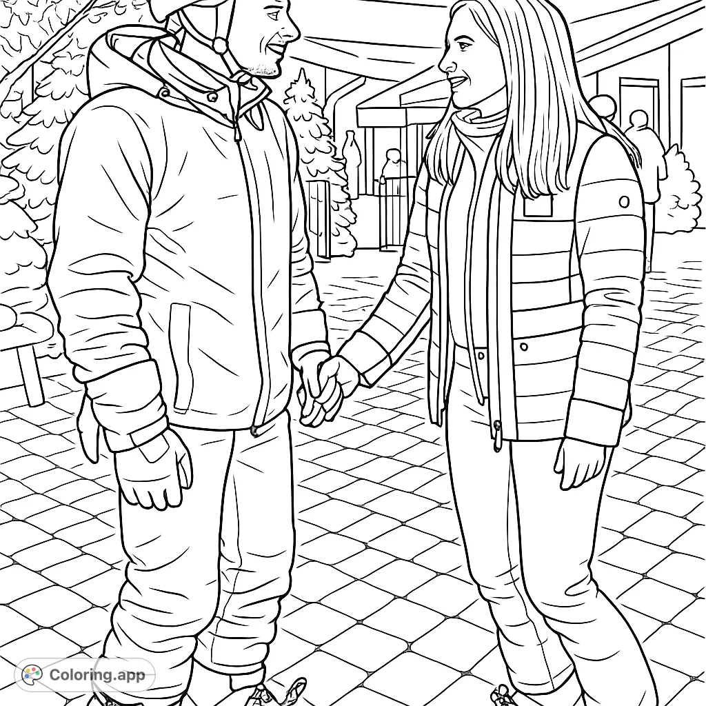 Capture the joy of a winter getaway with this skiing couple coloring page. Perfect for winter sports enthusiasts and romantic themes.