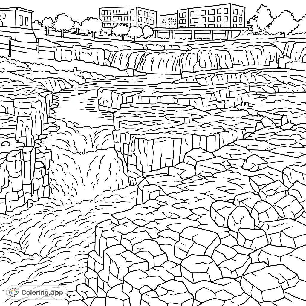 Explore a majestic river landscape with powerful waterfalls cascading over intricate rock formations, framed by distant urban structures. A challenging nature scene.