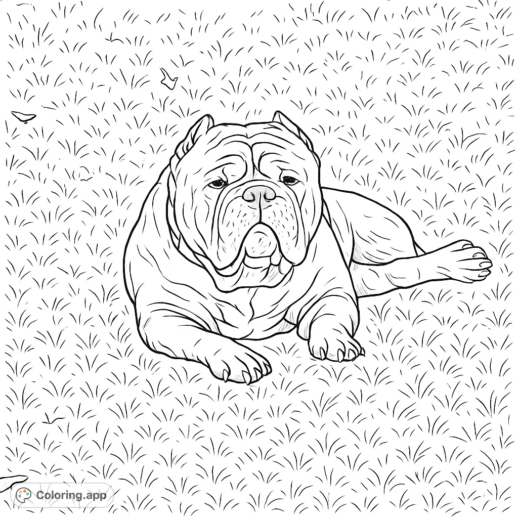 A powerful, muscular dog with a wrinkled face rests peacefully on a grassy expanse. Perfect for dog lovers to color and bring to life.