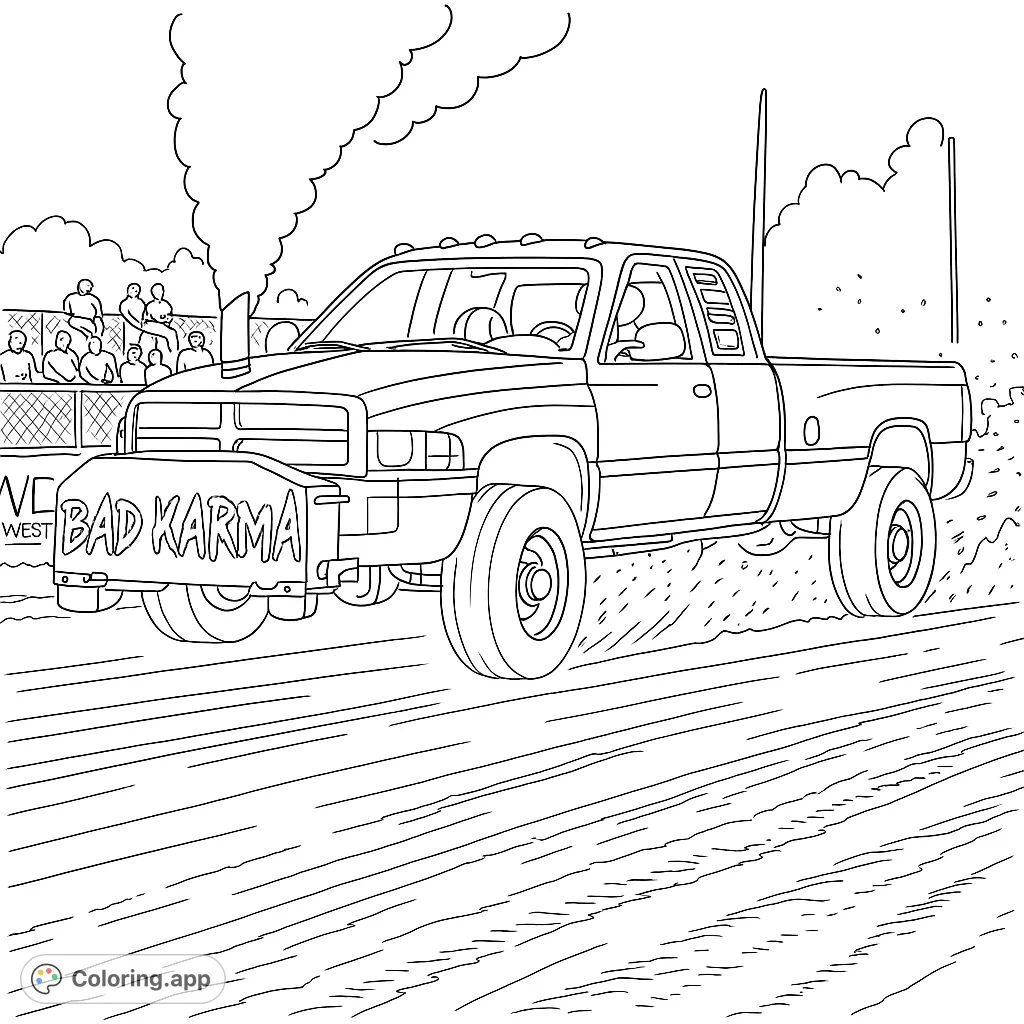 Experience the thrill of a powerful truck pull with this detailed coloring page. A modified dually truck kicks up dirt on a track, perfect for enthusiasts.