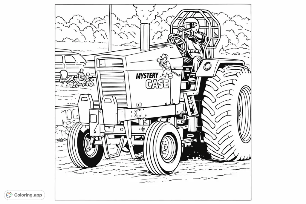 A powerful tractor pulling machine with a driver, featuring a cartoon dog graphic, ready for action on a track. Perfect for vehicle enthusiasts.