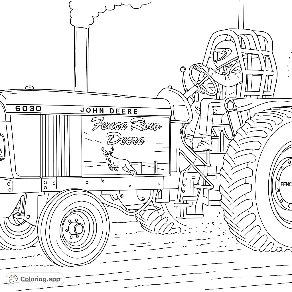 Experience the thrill of tractor pulling with this detailed coloring page featuring a powerful machine, a driver in a roll cage, and flying dirt.