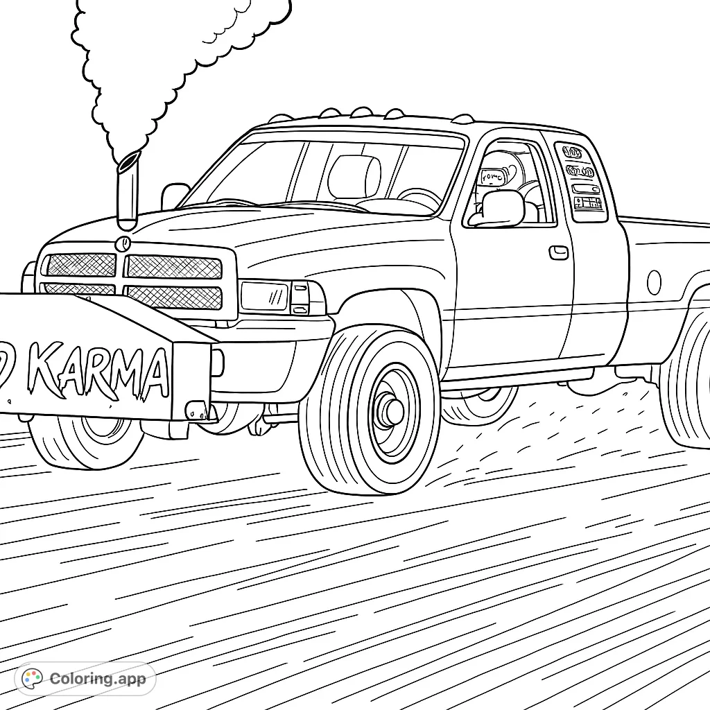 Experience the thrill of a powerful, modified pickup truck kicking up dirt on a track, featuring a "BAD KARMA" weight box and dynamic exhaust.
