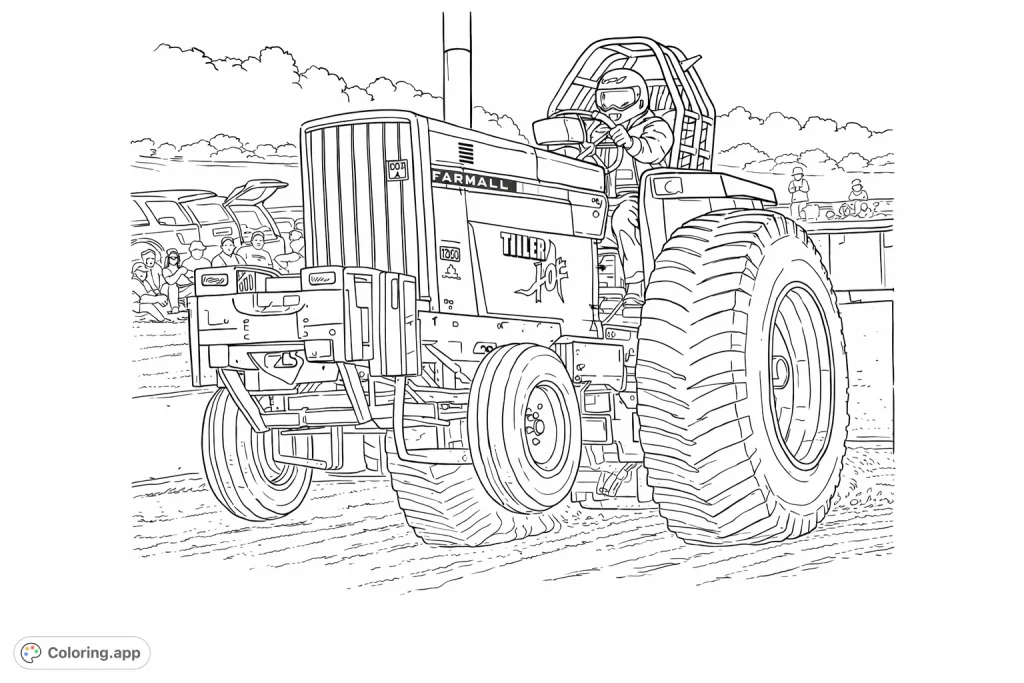 Unleash your creativity with this dynamic tractor pulling coloring page, featuring a powerful, modified farm tractor in action with its front wheels airborne.