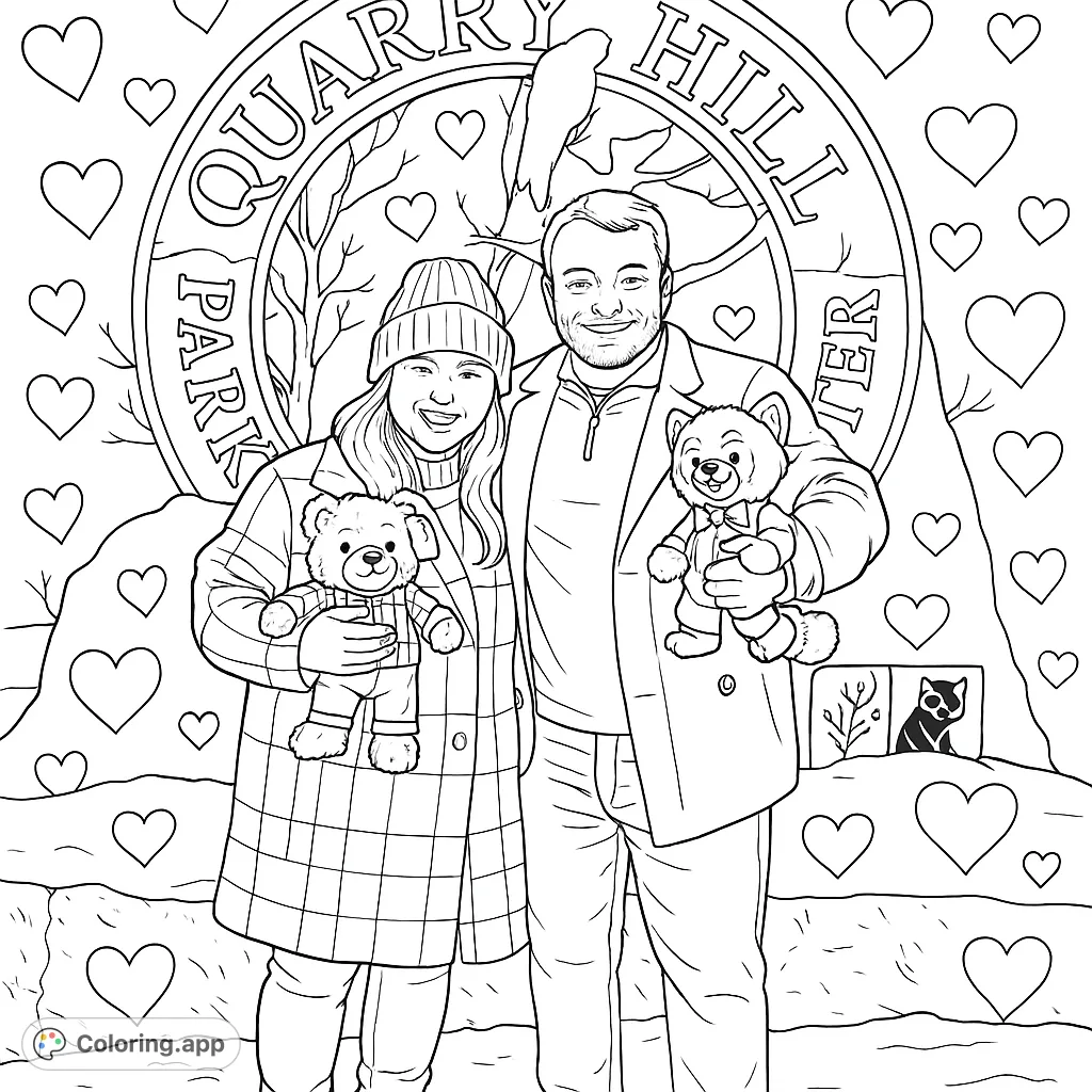 Capture a heartwarming park visit with a couple and their plush toys, enhanced with decorative heart patterns. A realistic, moderately detailed coloring page.