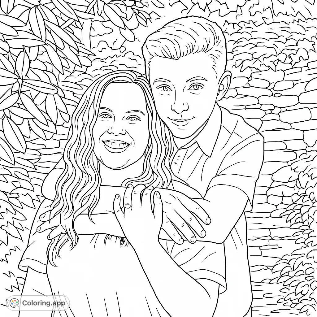 Capture the warmth of an embracing couple amidst lush foliage and a stone wall. A heartwarming scene perfect for expressing affection and creativity.
