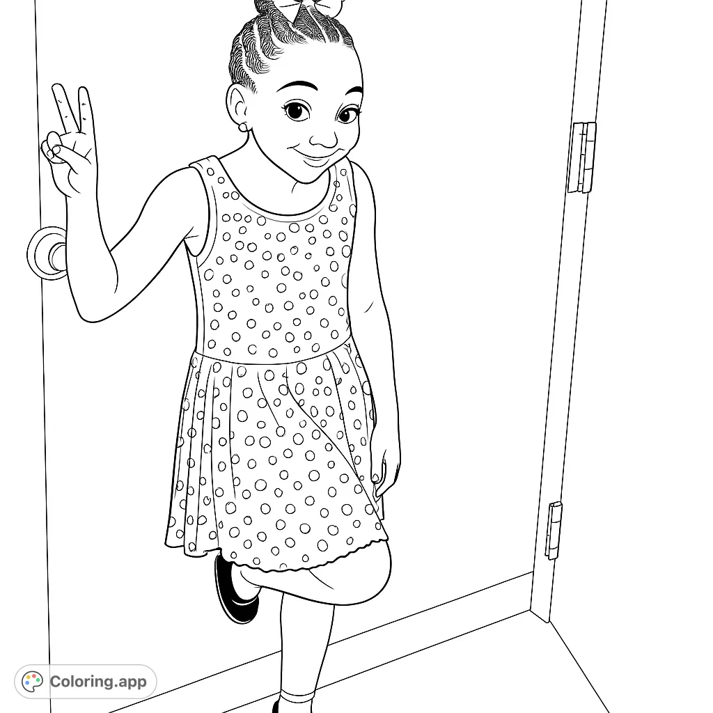 A cheerful girl in a dazzling textured dress strikes a fun pose, ready for a performance. Perfect for kids to color and express creativity!