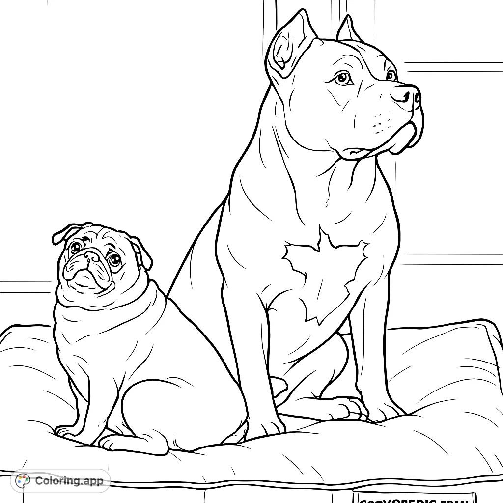 A charming coloring page featuring a large, powerful dog and a small, expressive pug sitting together on a cozy dog bed, perfect for pet lovers.