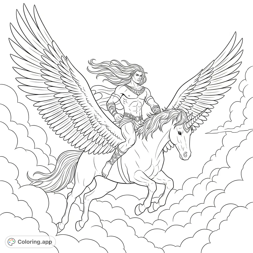 A powerful, muscular man with flowing hair rides a majestic, flying alicorn through a dramatic sky, perfect for adult fantasy enthusiasts.