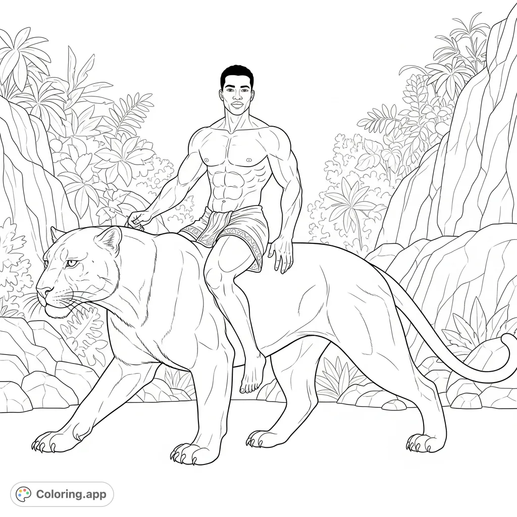 A powerful muscular man in a loin cloth rides a sleek panther through a wild landscape, embodying strength and primal connection. Perfect for an adventurous coloring experience.