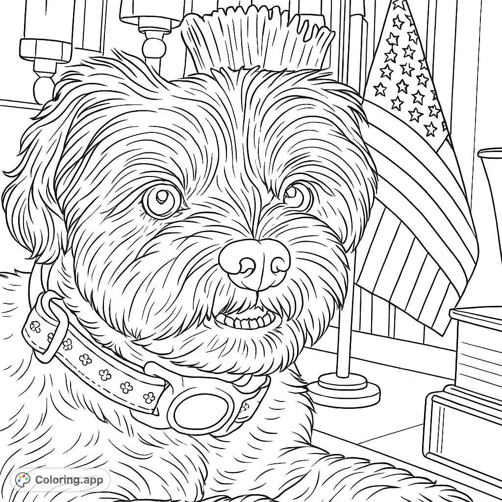 A charming shaggy dog portrait, complete with a patterned collar and a patriotic flag in the background. Perfect for dog lovers and national holiday celebrations.