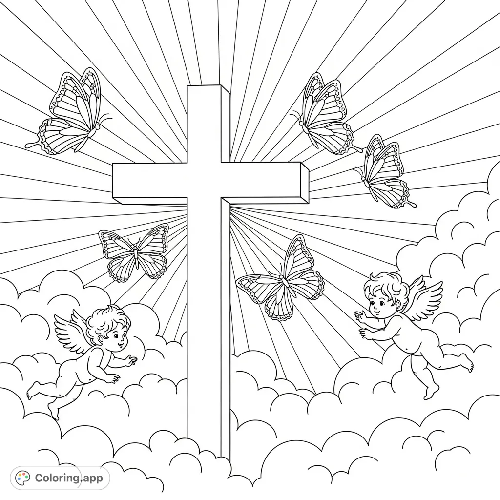 A serene cross surrounded by radiant light, graceful butterflies, fluffy clouds, and playful cherubs, offering a peaceful and inspirational coloring experience.