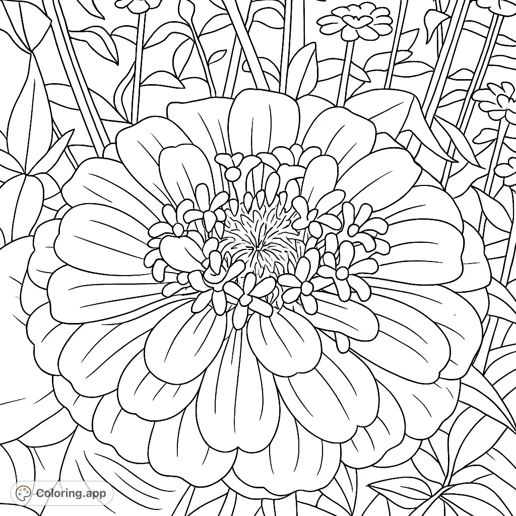 Discover the beauty of a detailed zinnia flower held gently in hand, perfect for a relaxing and intricate coloring experience.