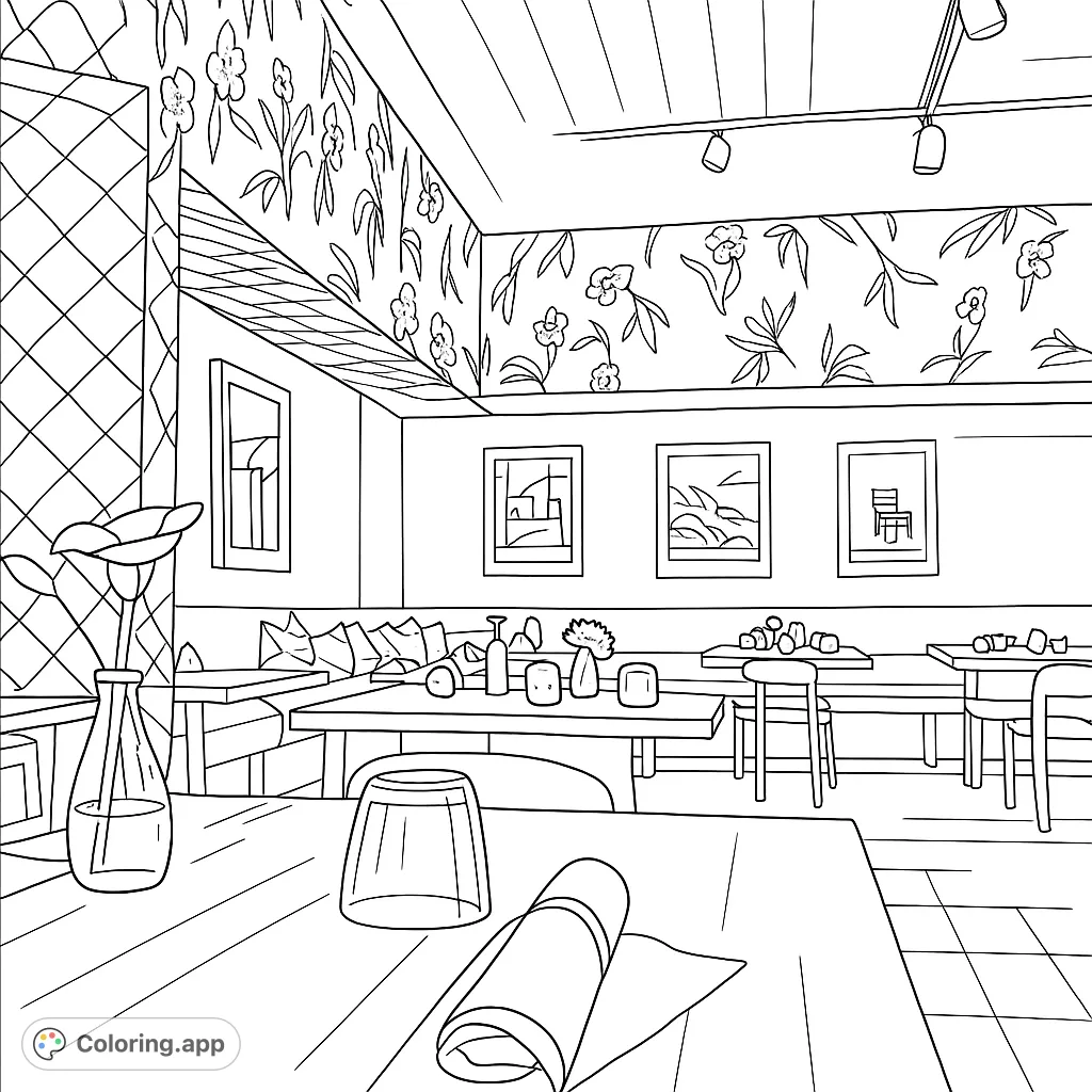 Step into a charming restaurant interior with floral and checkered walls, elegant table settings, and framed art. A delightful scene to personalize with your favorite hues.