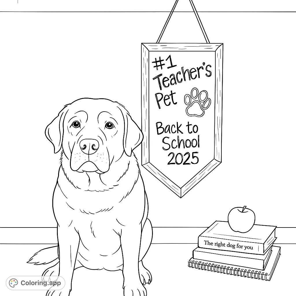 A charming dog sits proudly next to a 'Teacher's Pet' chalkboard and a stack of school books, ready for a new academic year. Perfect for school-themed fun!