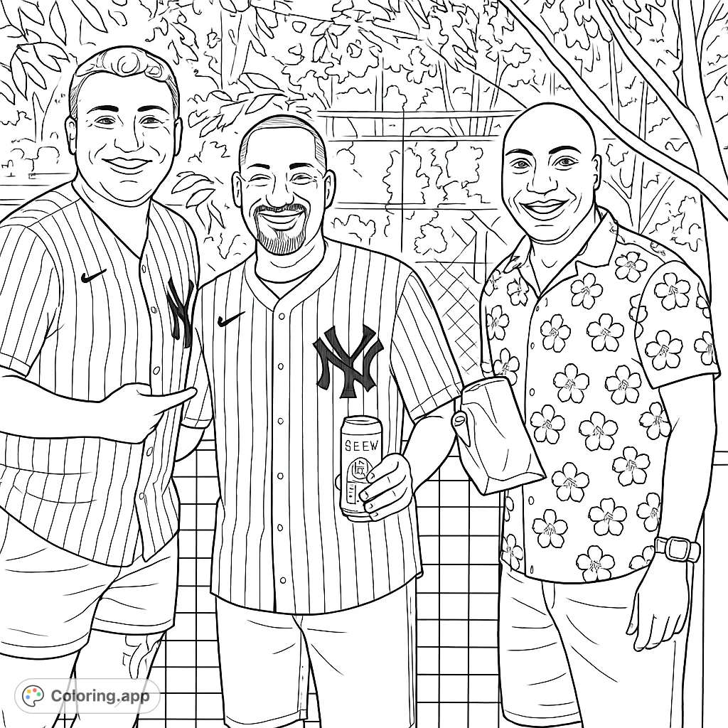 Celebrate friendship and sports with this engaging coloring page featuring three men in a park setting, perfect for fans and casual colorists.