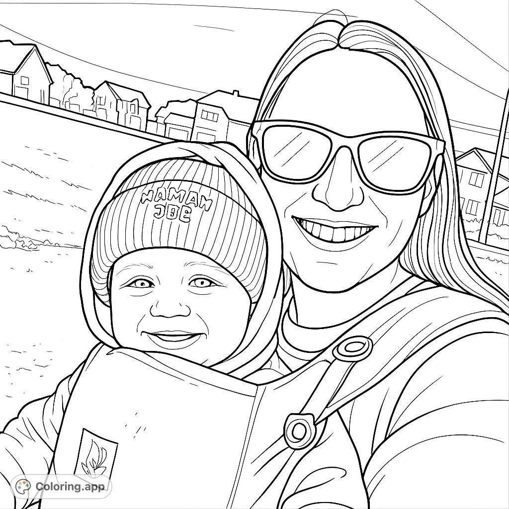 Capture a heartwarming moment with this mother and baby coloring page. A smiling duo on an outdoor stroll, perfect for celebrating family bonds.