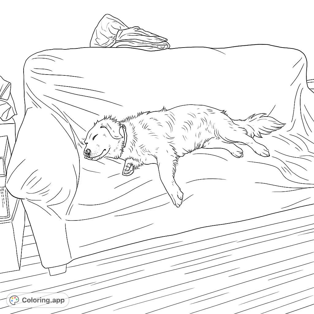 Discover this heartwarming dog coloring page featuring a peaceful canine enjoying a cozy nap on a comfortable sofa. Ideal for dog lovers to color and unwind.