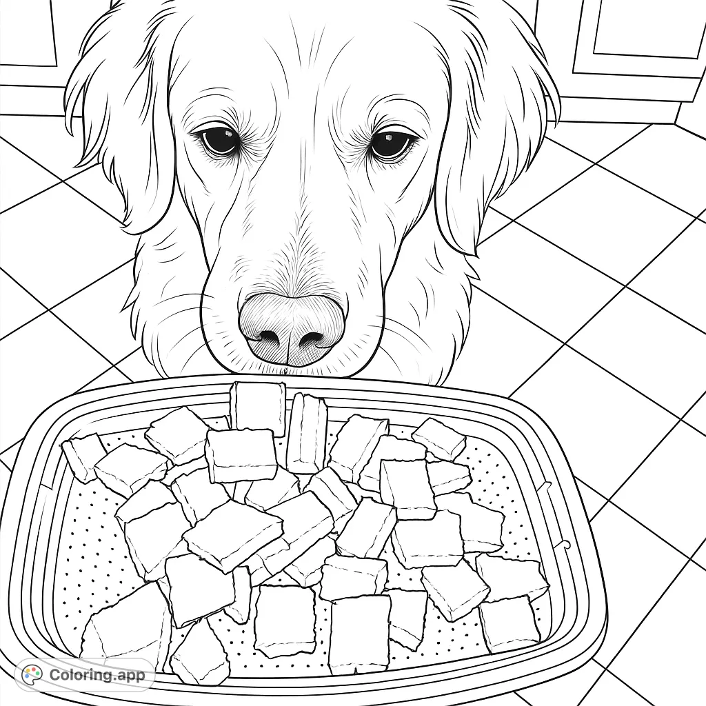 A lovable golden retriever gazes intently at a tray piled high with delicious treats, ready for a fun coloring adventure. Perfect for pet lovers!