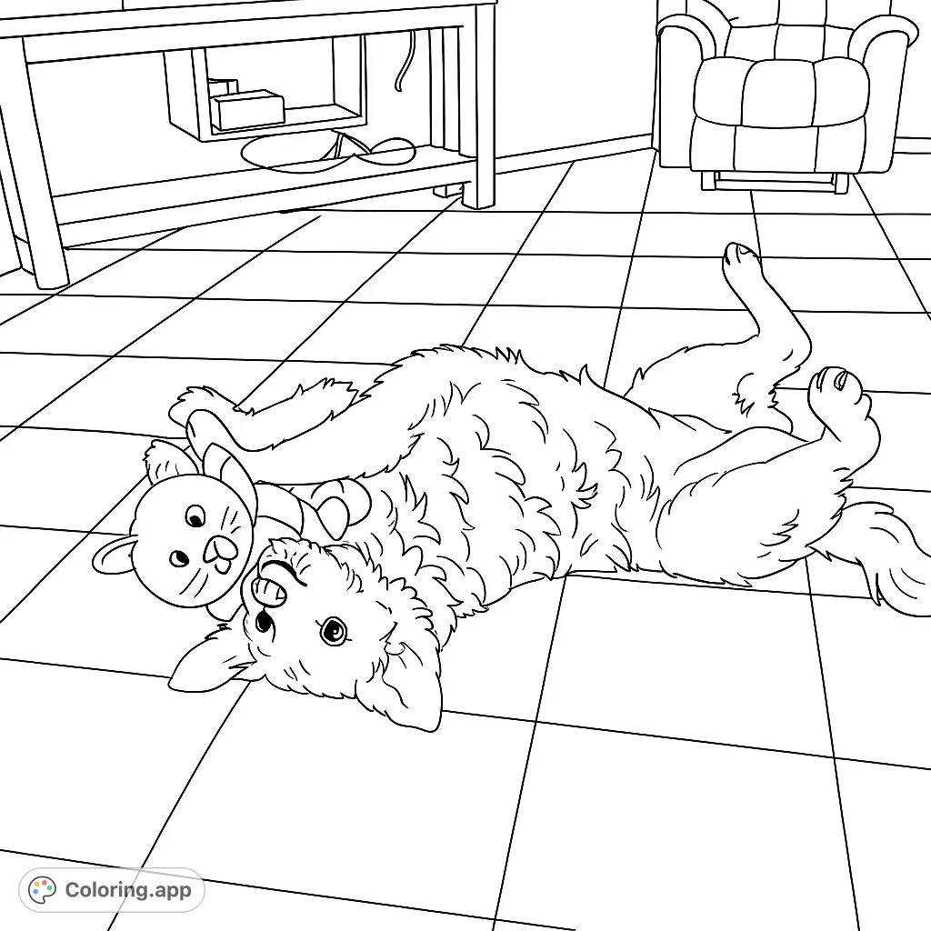 A charming coloring page featuring a fluffy dog playfully lying on its back, holding a plush toy. Perfect for animal lovers of all ages!