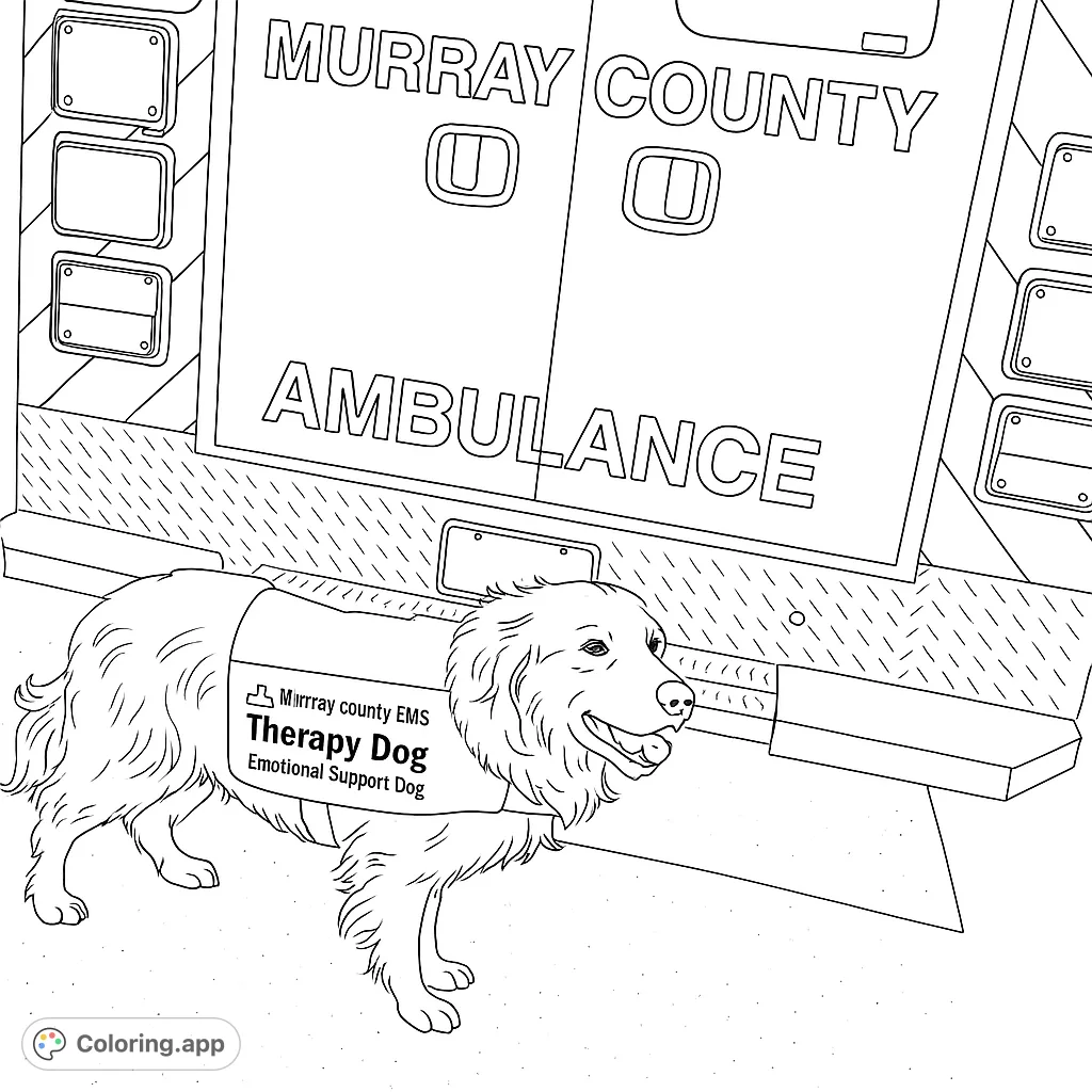 A heartwarming therapy dog stands proudly in front of an ambulance, ready to bring comfort. Perfect for those who appreciate service animals and emergency services.