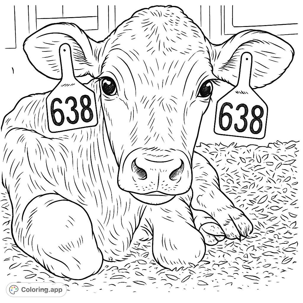 Discover this charming calf coloring page, featuring a sweet young animal with expressive eyes and ear tags, resting on a bed of straw.