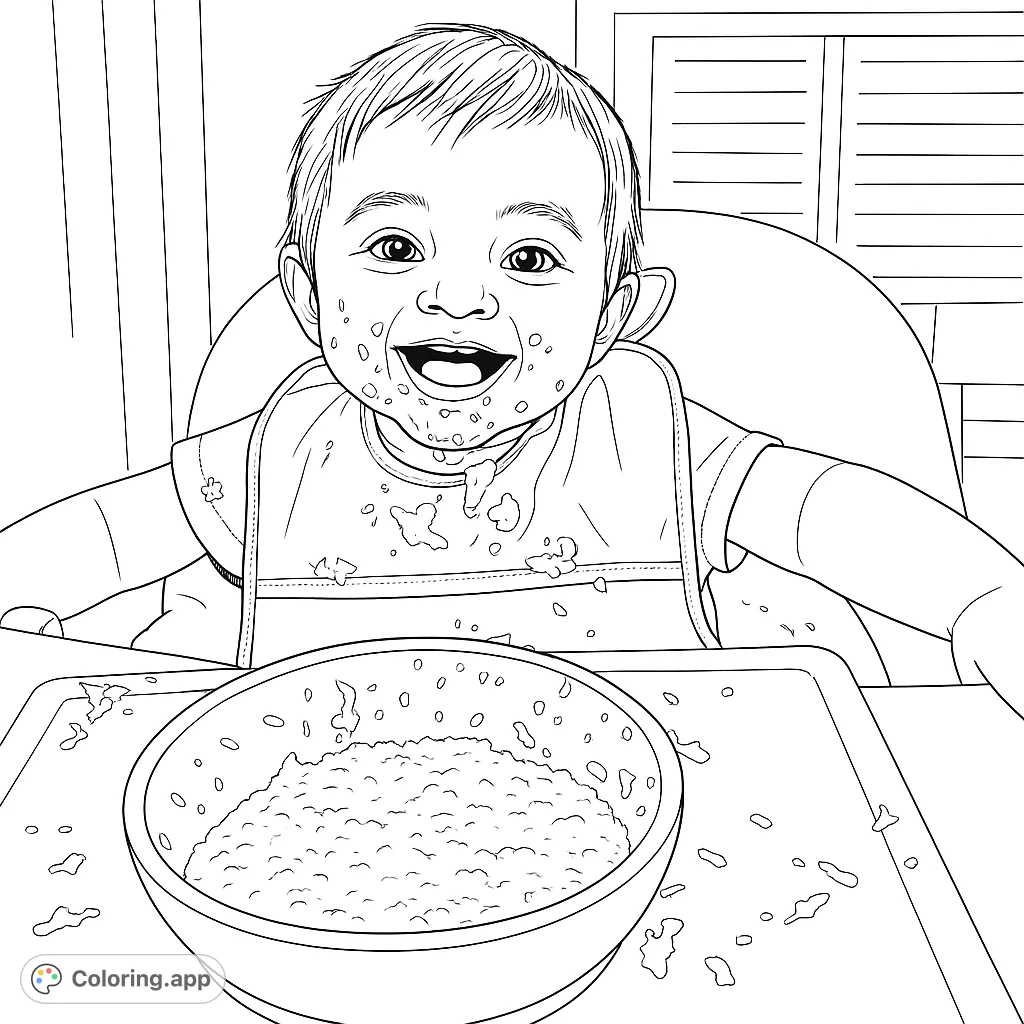 A joyful baby covered in food, smiling brightly in a high chair, ready for a fun coloring adventure. Perfect for kids and families!