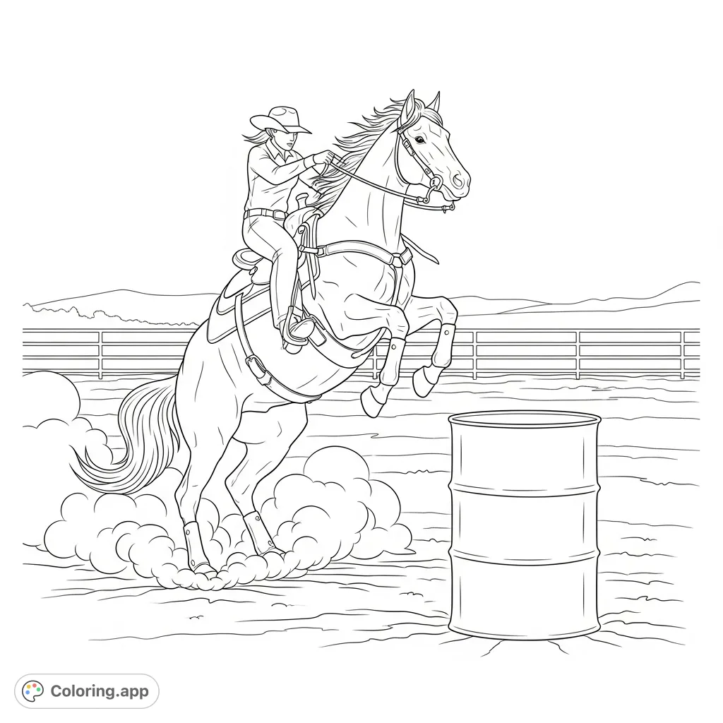 Experience the thrill of barrel racing! A powerful horse rears with its rider, kicking up dust around a barrel in a dynamic rodeo scene.