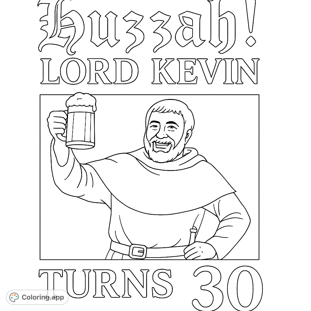 Celebrate with this medieval man in a hooded robe, raising a frothy mug. A fun, free printable medieval celebration coloring page for adults.