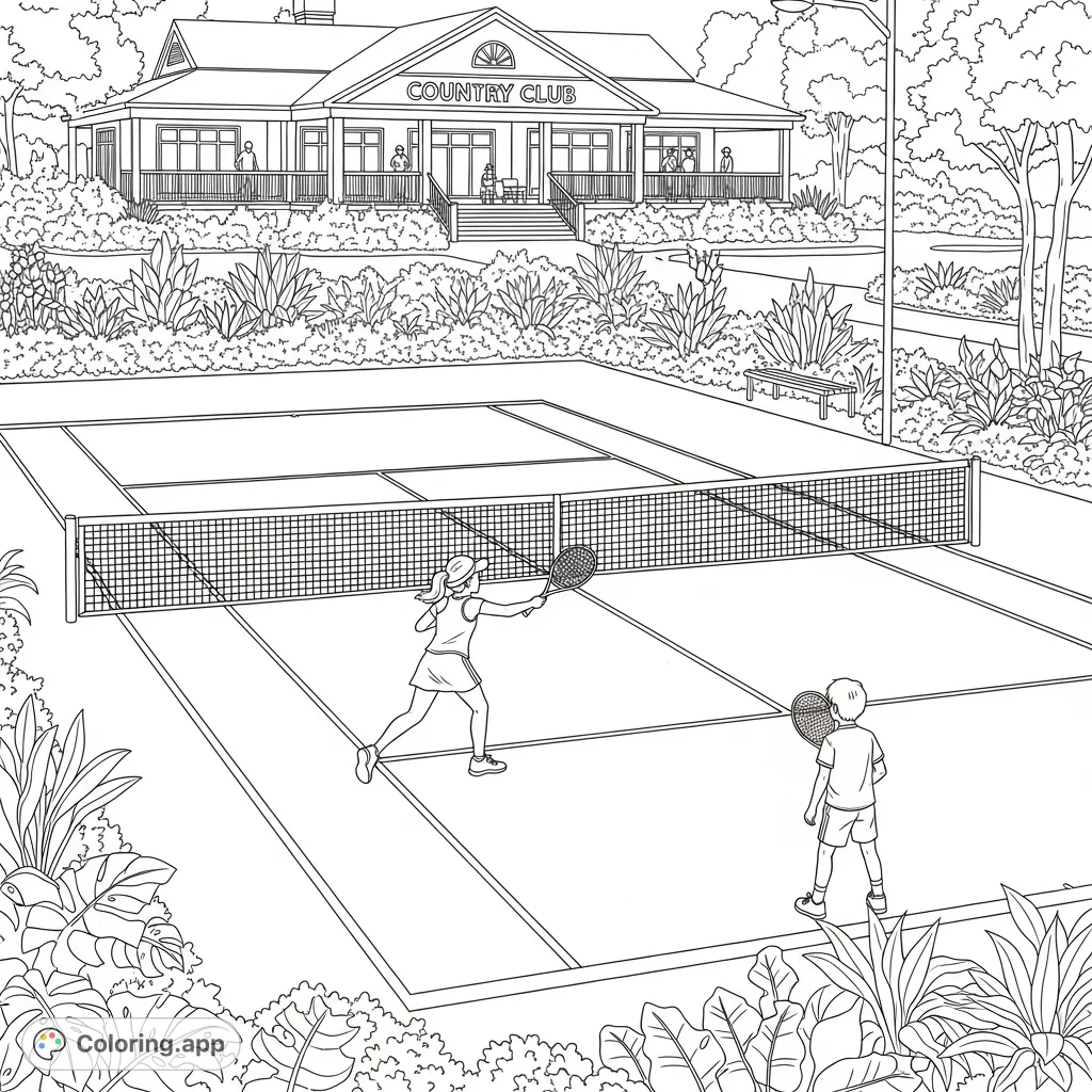 Capture the energy of a tennis match! A young girl serves on a court, with a boy ready to play, set against a country club backdrop.