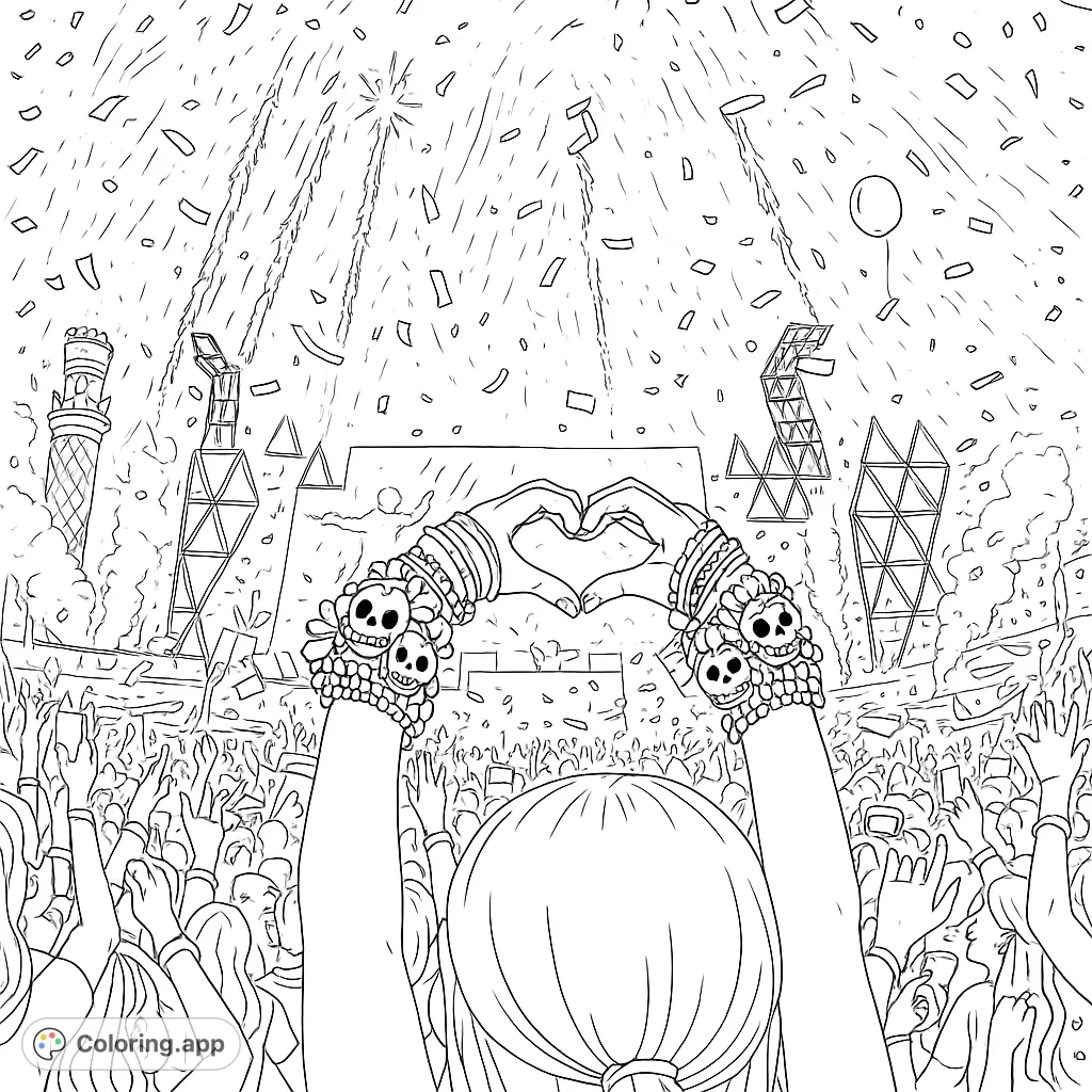 Immerse yourself in a vibrant festival scene with hands forming a heart, surrounded by a cheering crowd, dazzling fireworks, and a shower of confetti.