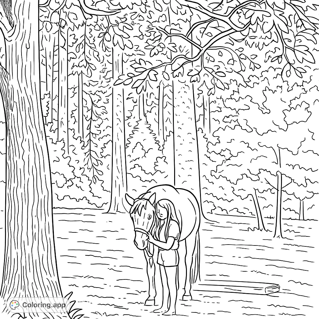 Capture a heartwarming moment between a young person and their horse in a serene woodland setting. A beautiful animal companionship scene for all ages.
