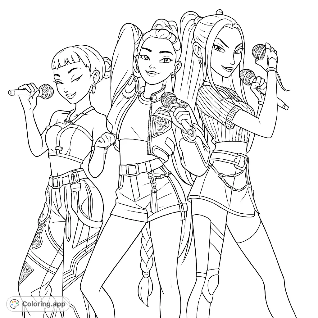 Color three dynamic pop star performers with intricate outfits and bold hairstyles, ready to rock the stage in this exciting coloring page.