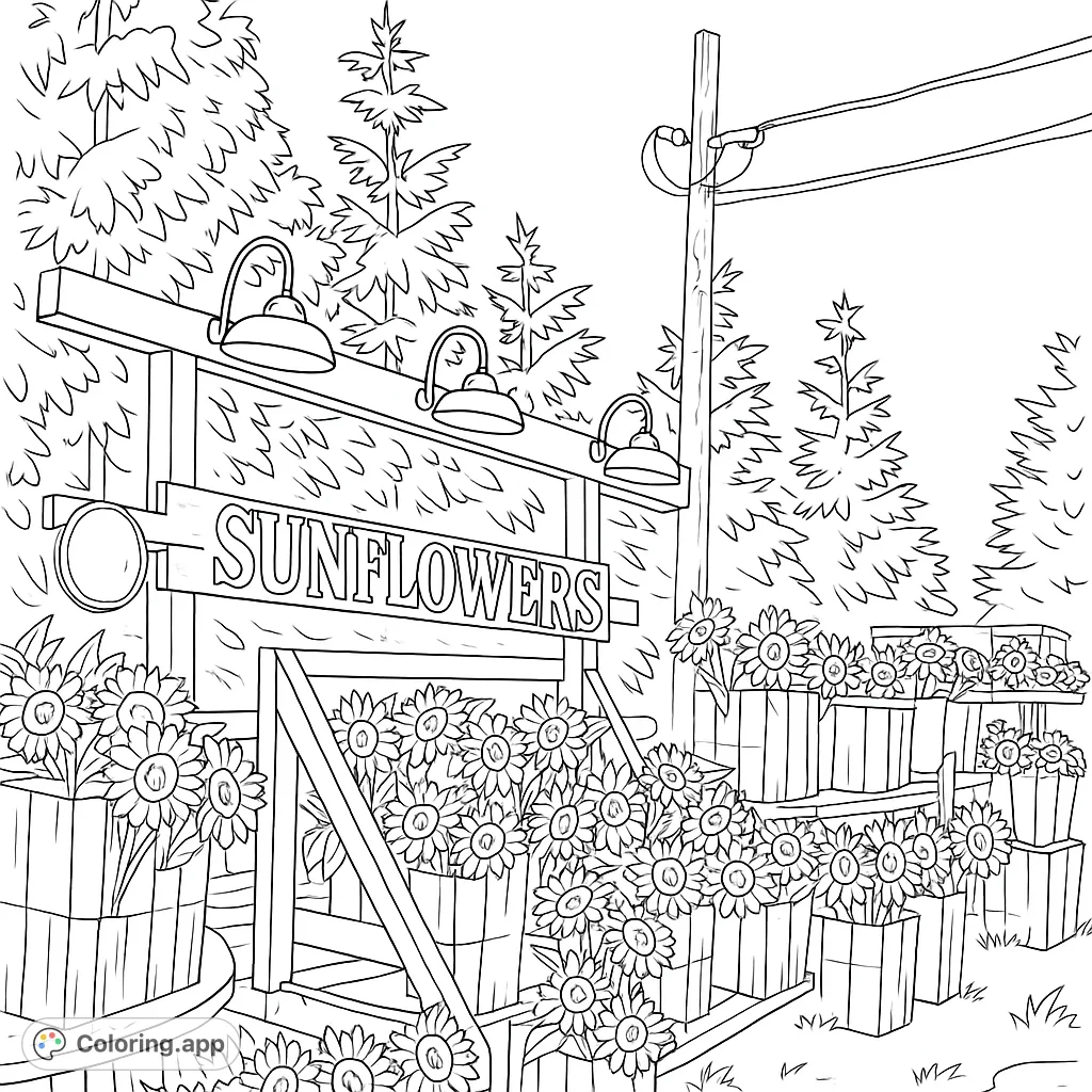 Explore a charming sunflower stand, brimming with beautiful blooms in wooden crates. A delightful scene for nature lovers to color.