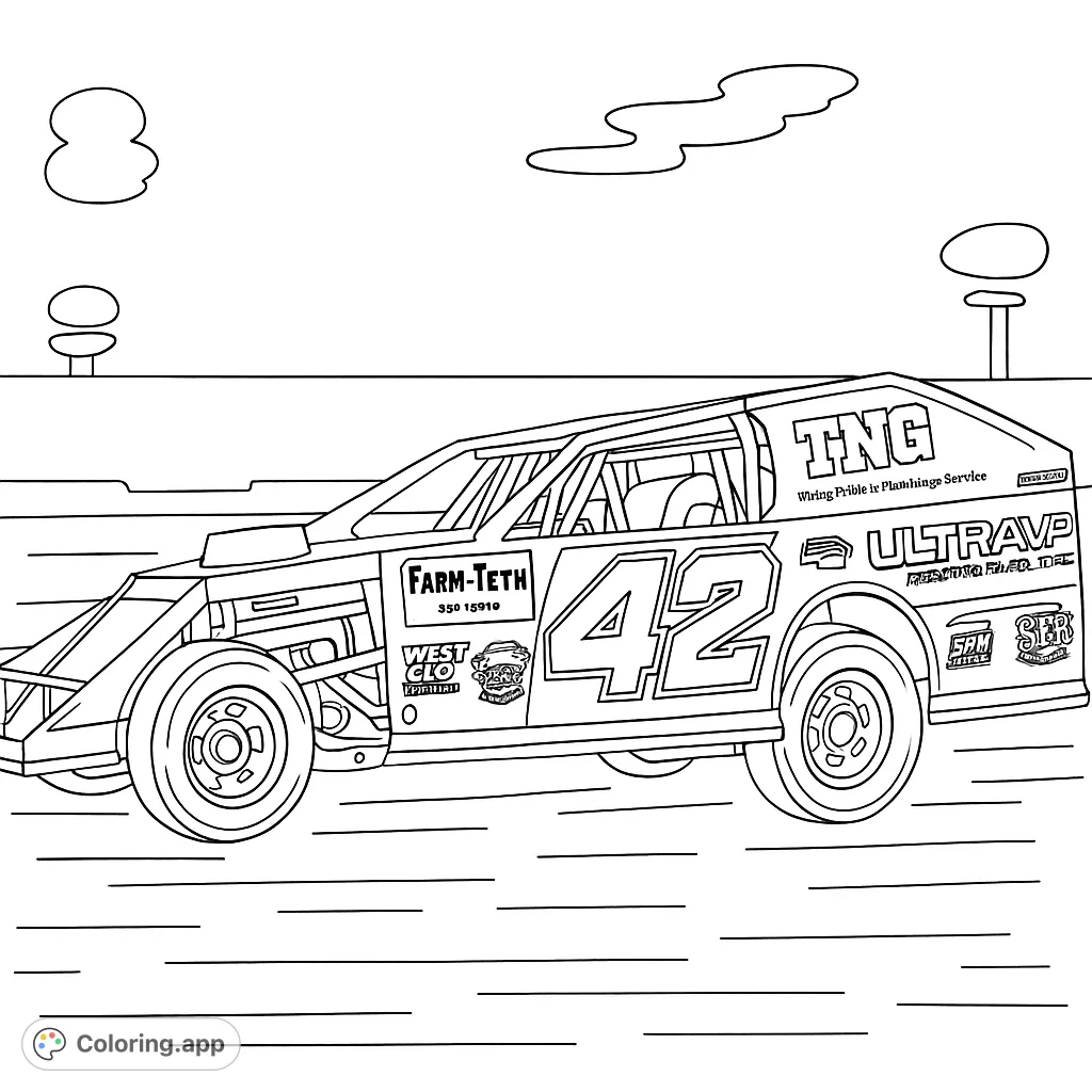 Experience the thrill of dirt track racing with this detailed coloring page featuring a powerful modified race car, number 42, ready for action.