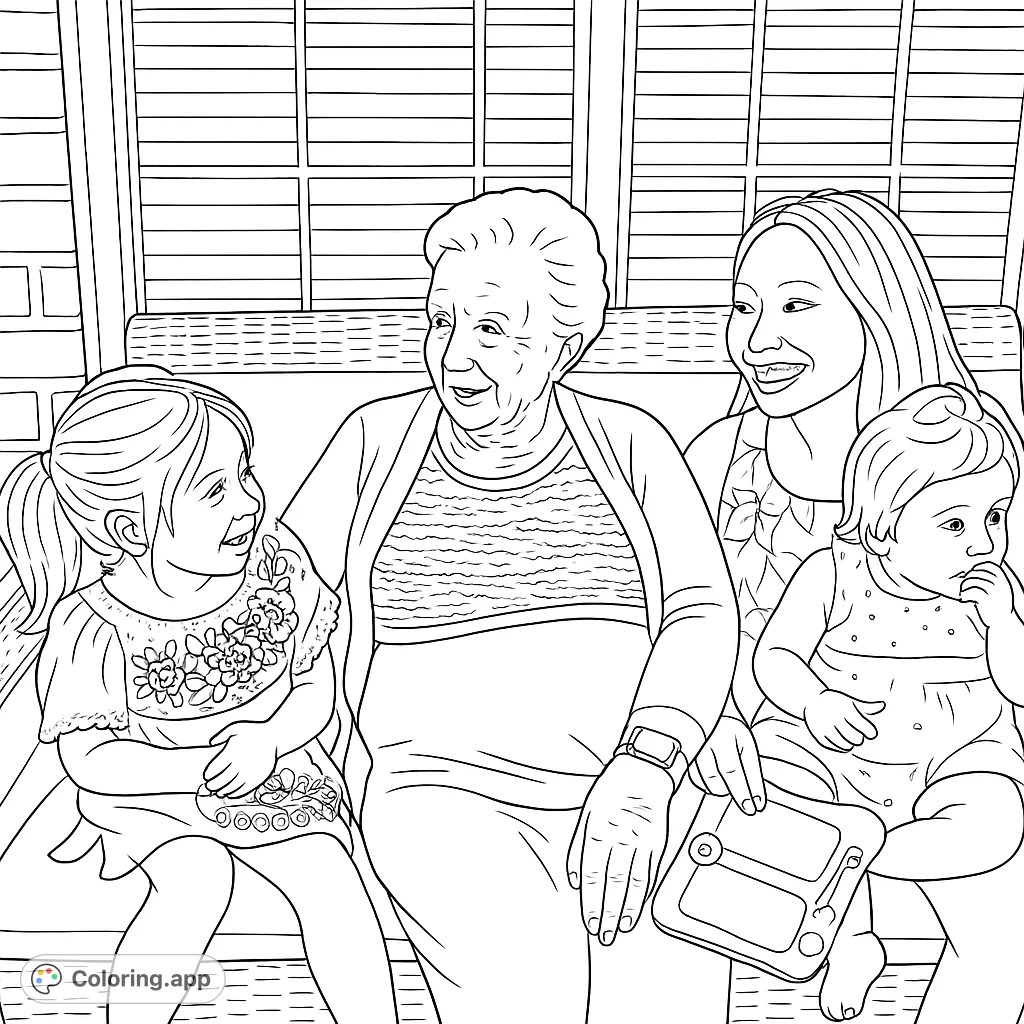 A heartwarming family generations coloring page featuring an older woman, a young woman, and two children sharing a moment on a patio. Perfect for all ages.