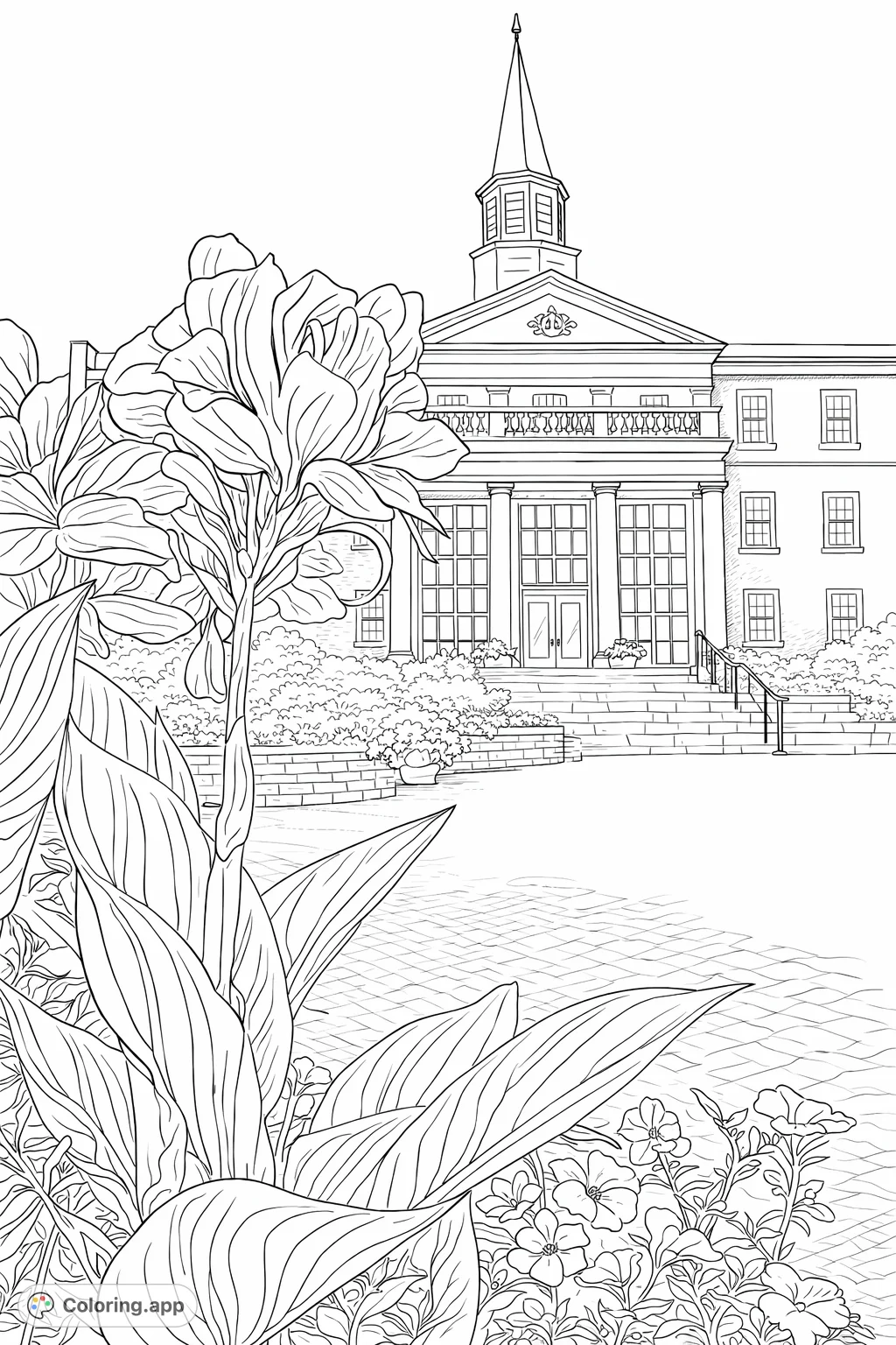 Explore a majestic building with a spire and intricate floral arrangements. This detailed scene offers architectural beauty amidst vibrant garden elements.