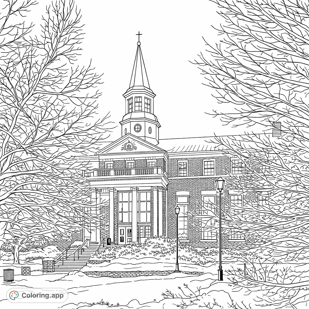 Color a picturesque university hall covered in a tranquil blanket of snow, framed by bare trees, capturing a serene winter campus scene.