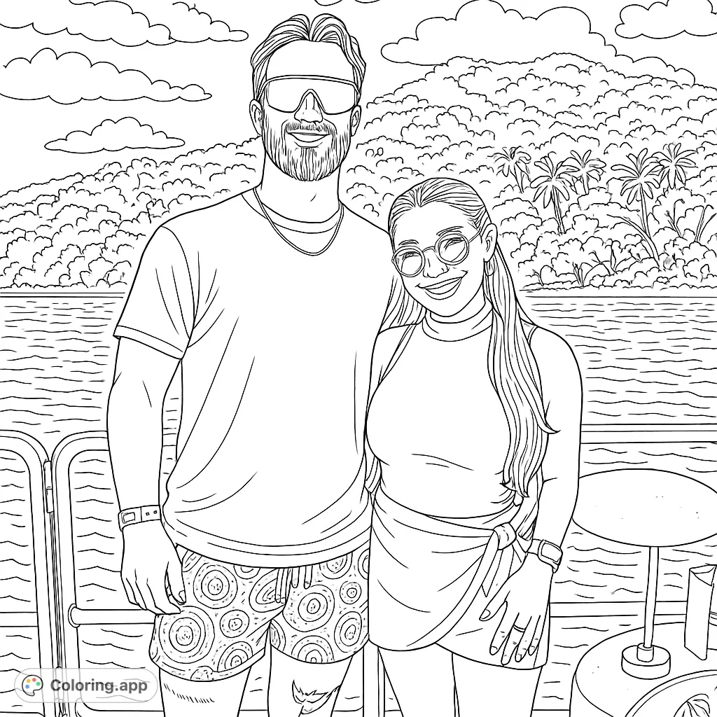 Capture a joyful couple on a boat trip with a scenic island backdrop. Perfect for travel enthusiasts and those who love detailed vacation scenes.