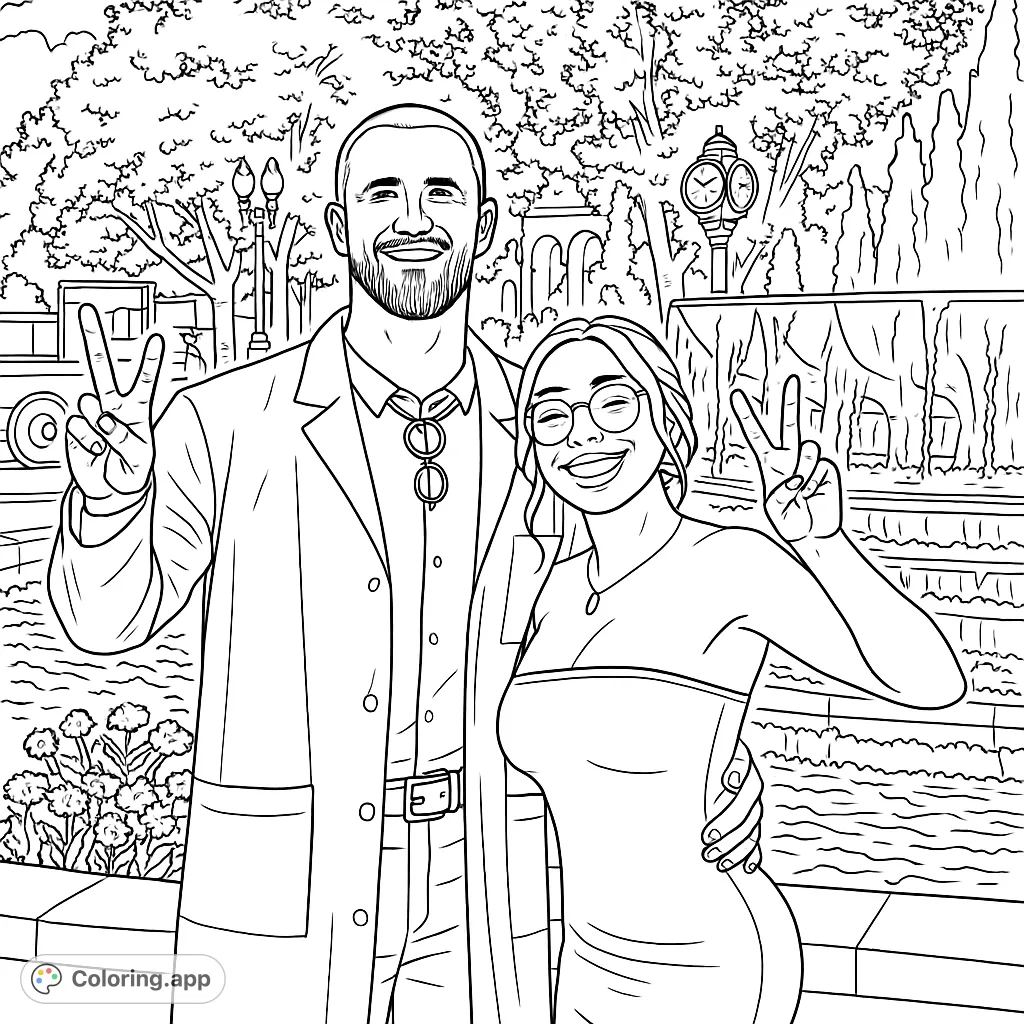 Celebrate academic achievement with this detailed coloring page featuring two smiling individuals in front of a grand fountain and lush trees.