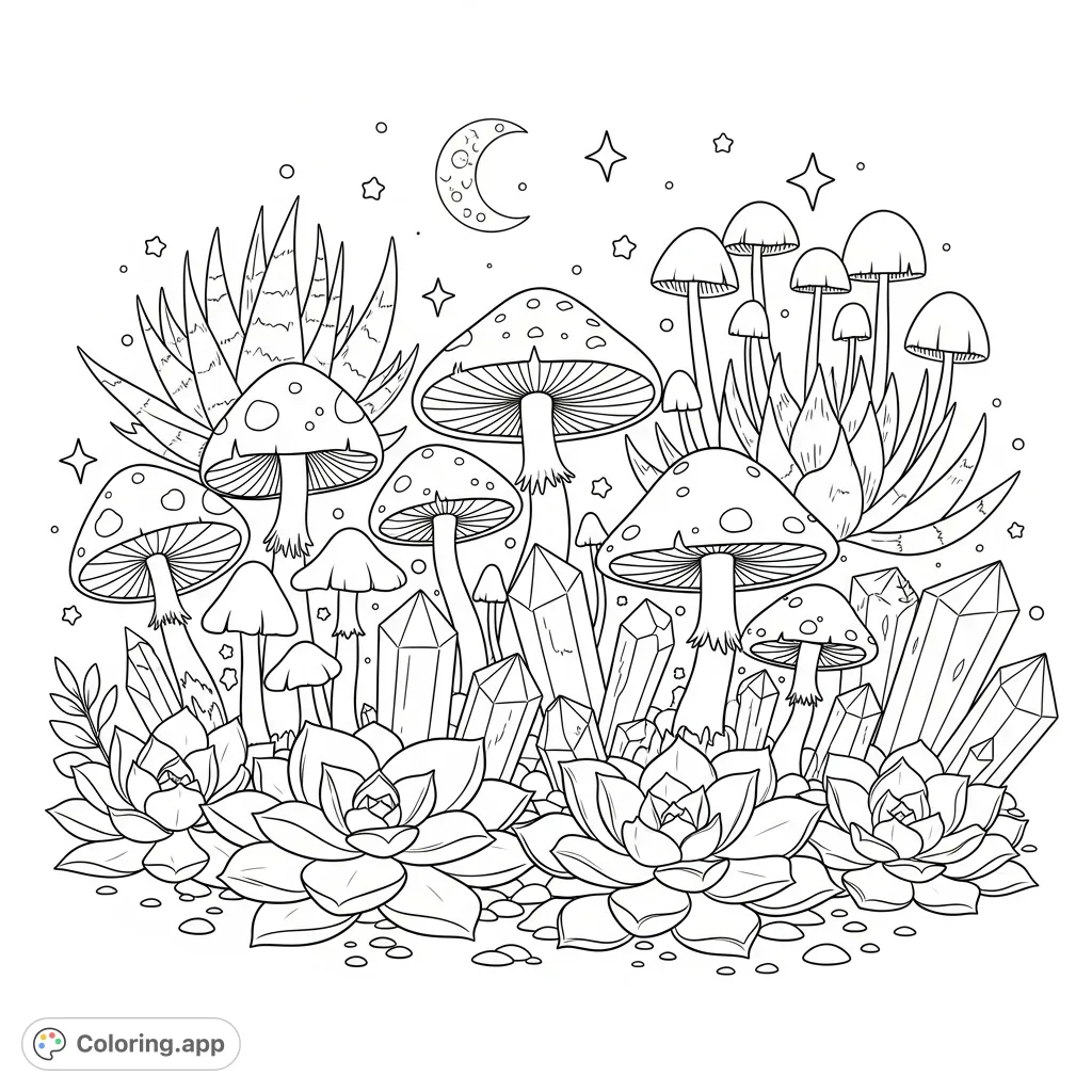 Explore a magical enchanted garden coloring page filled with whimsical succulents, charming mushrooms, and sparkling crystals under a starry sky. Perfect for all ages!