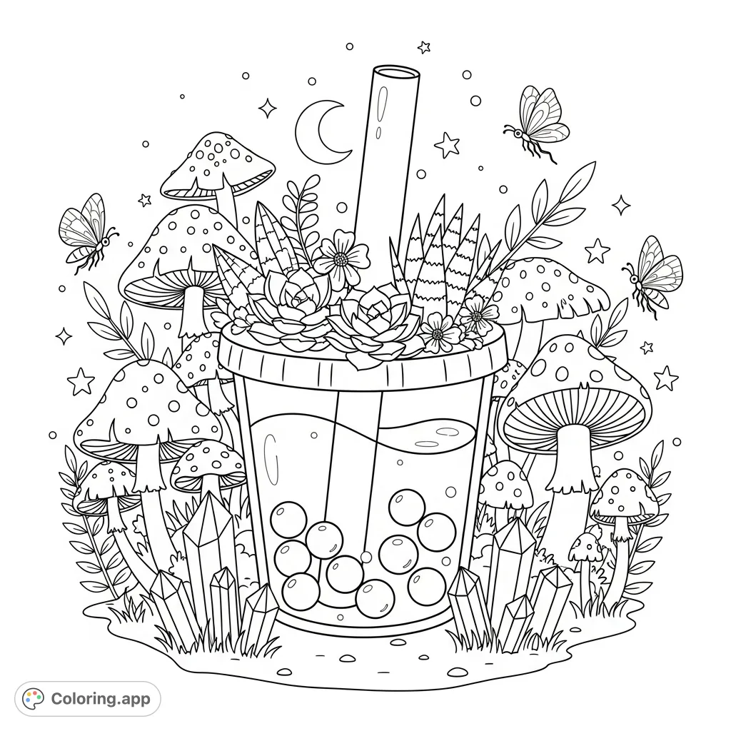 Discover a whimsical Kawaii boba cup brimming with succulents and flowers, nestled in a mystical forest with mushrooms, crystals, and flying bugs. A celestial treat!