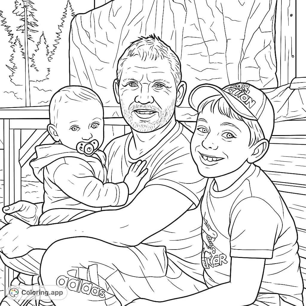 Capture a heartwarming family moment with a dad and his two children enjoying the outdoors. This family coloring page offers a delightful scene for all ages.