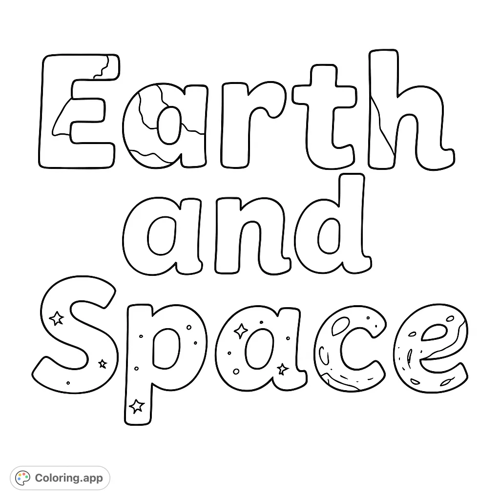 Explore the cosmos with this Earth and Space coloring page! Features bold text filled with planetary and celestial designs, perfect for all ages.